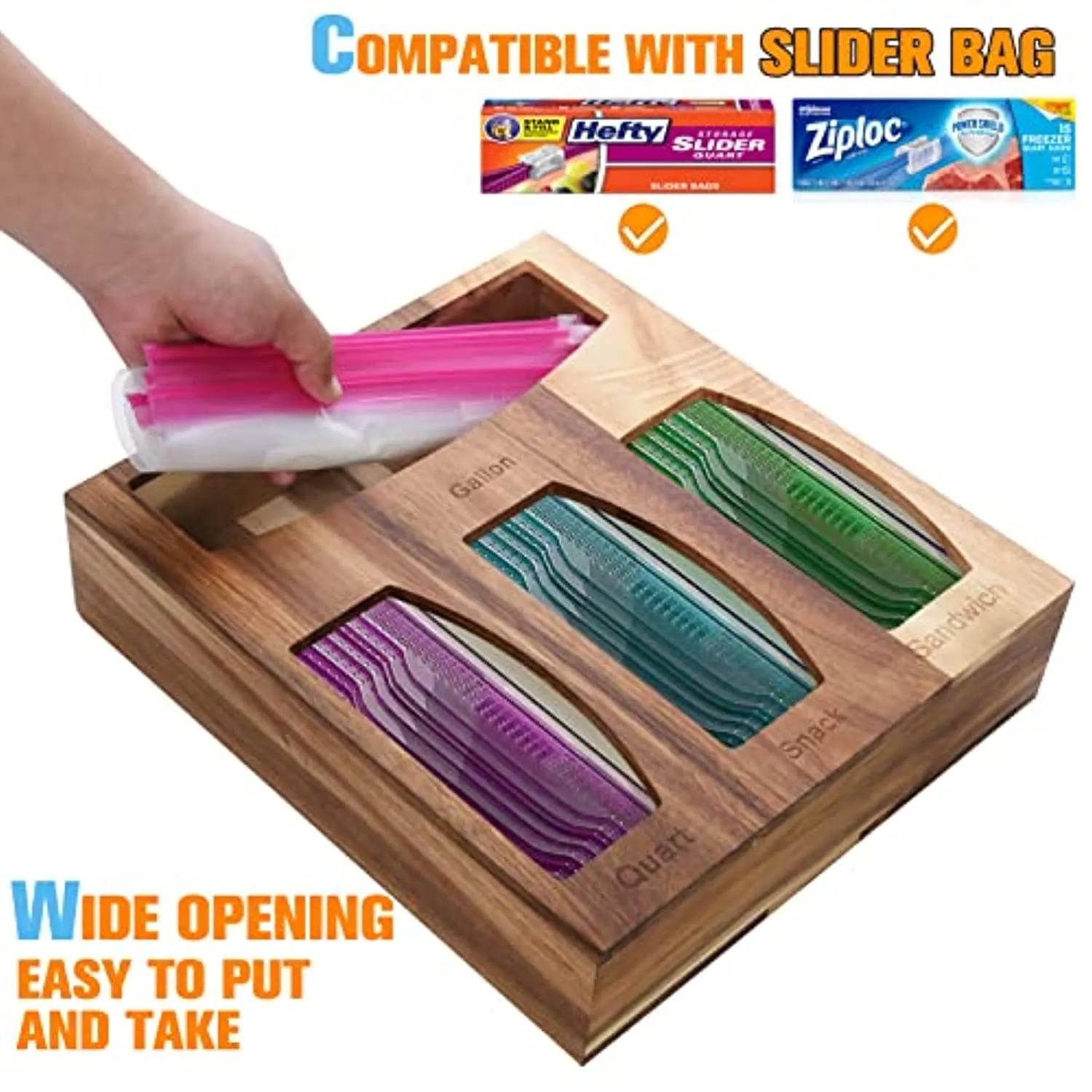 GEYILO Ziplock Bag Storage Organizer, Wood Kitchen Food Storage Bag Organizer Dispenser Box for Drawer, Compatible with Gallon, Quart, Sandwich and Snack Variety Size Bag