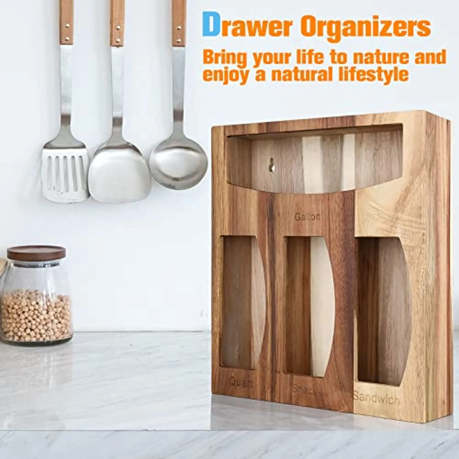 GEYILO Ziplock Bag Storage Organizer, Wood Kitchen Food Storage Bag Organizer Dispenser Box for Drawer, Compatible with Gallon, Quart, Sandwich and Snack Variety Size Bag
