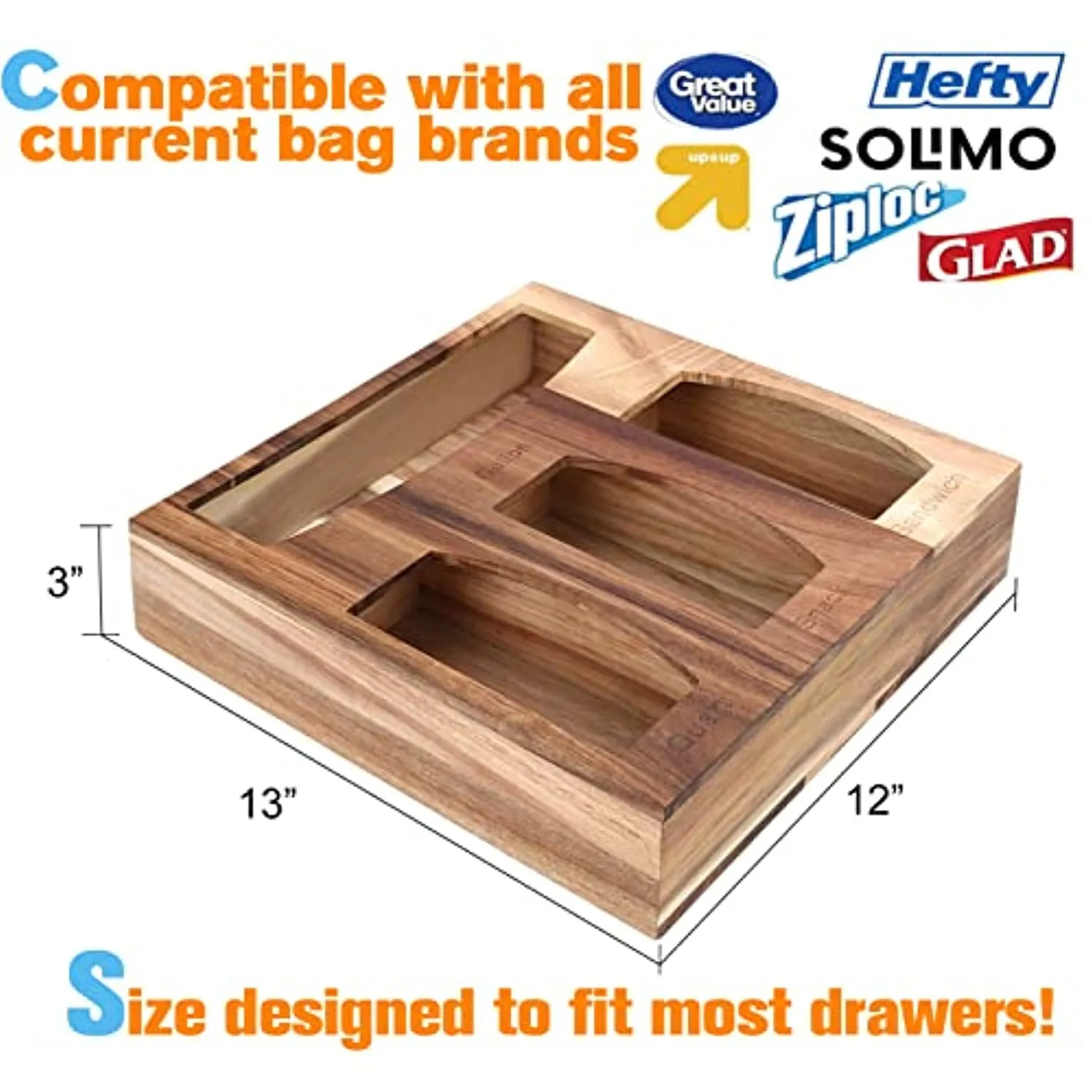 GEYILO Ziplock Bag Storage Organizer, Wood Kitchen Food Storage Bag Organizer Dispenser Box for Drawer, Compatible with Gallon, Quart, Sandwich and Snack Variety Size Bag