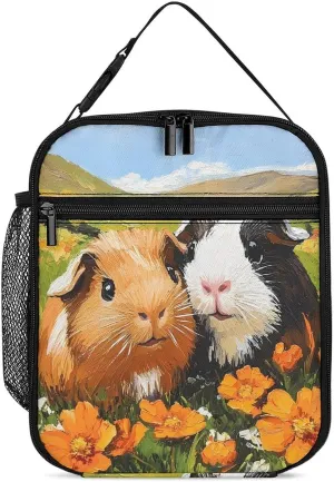 Guinea Pigs in Field Flowers Lunch Bag for Men Women Small Reusable Leakproof Insulated Lunch Box Adjustable Handbag