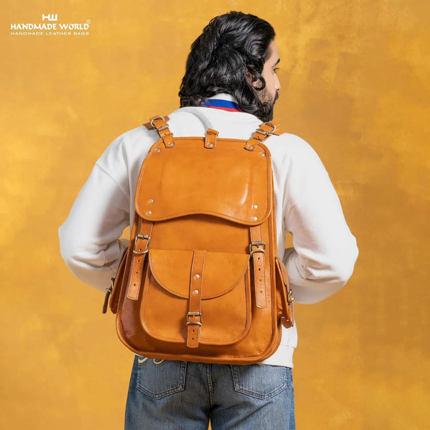 Handmade World Vintage Full Grain 21 Inch Leather Laptop LARGE Backpack Casual Bookbag Daypack Travel Rucksack (Tan)