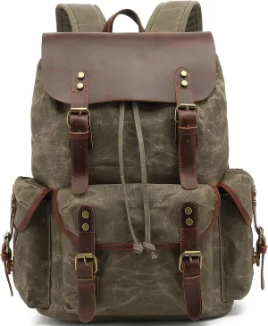 HuaChen Leather Backpack for Men,Waxed Canvas Shoulder Rucksack for Travel Laptop School