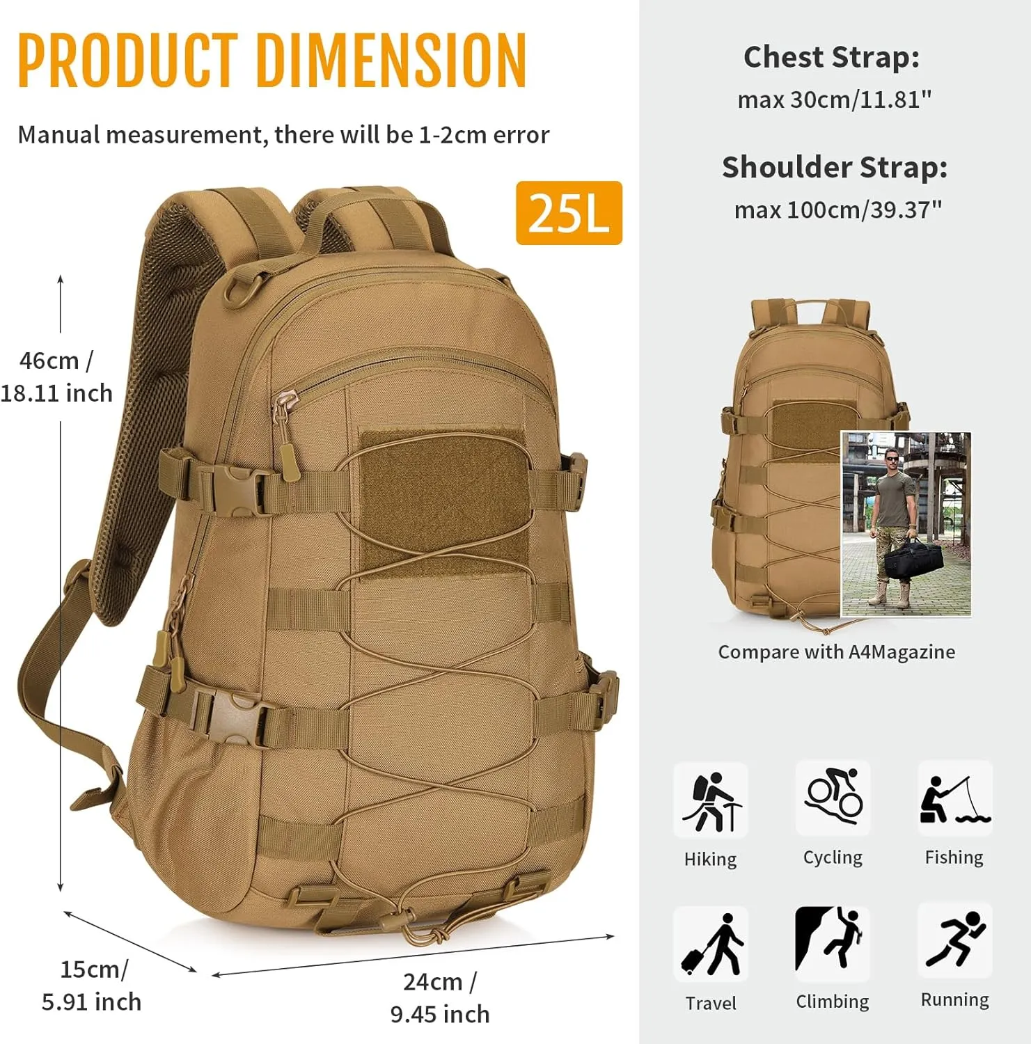 HUNTVP 25L Tactical Backpack Military Backpack MOLLE Bag Outdoor Hunting Rucksack Gear Assault Travel Daily Pack Bag