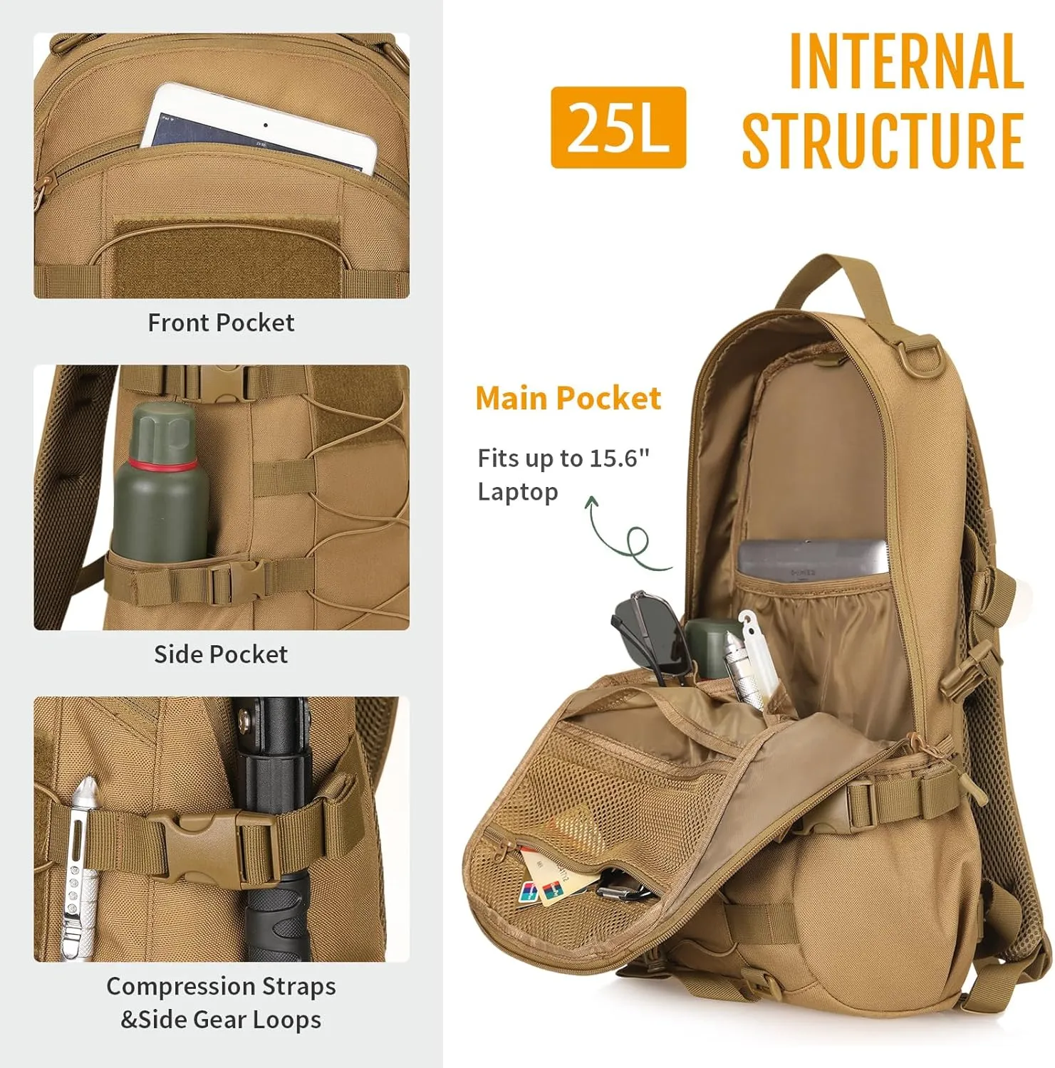 HUNTVP 25L Tactical Backpack Military Backpack MOLLE Bag Outdoor Hunting Rucksack Gear Assault Travel Daily Pack Bag