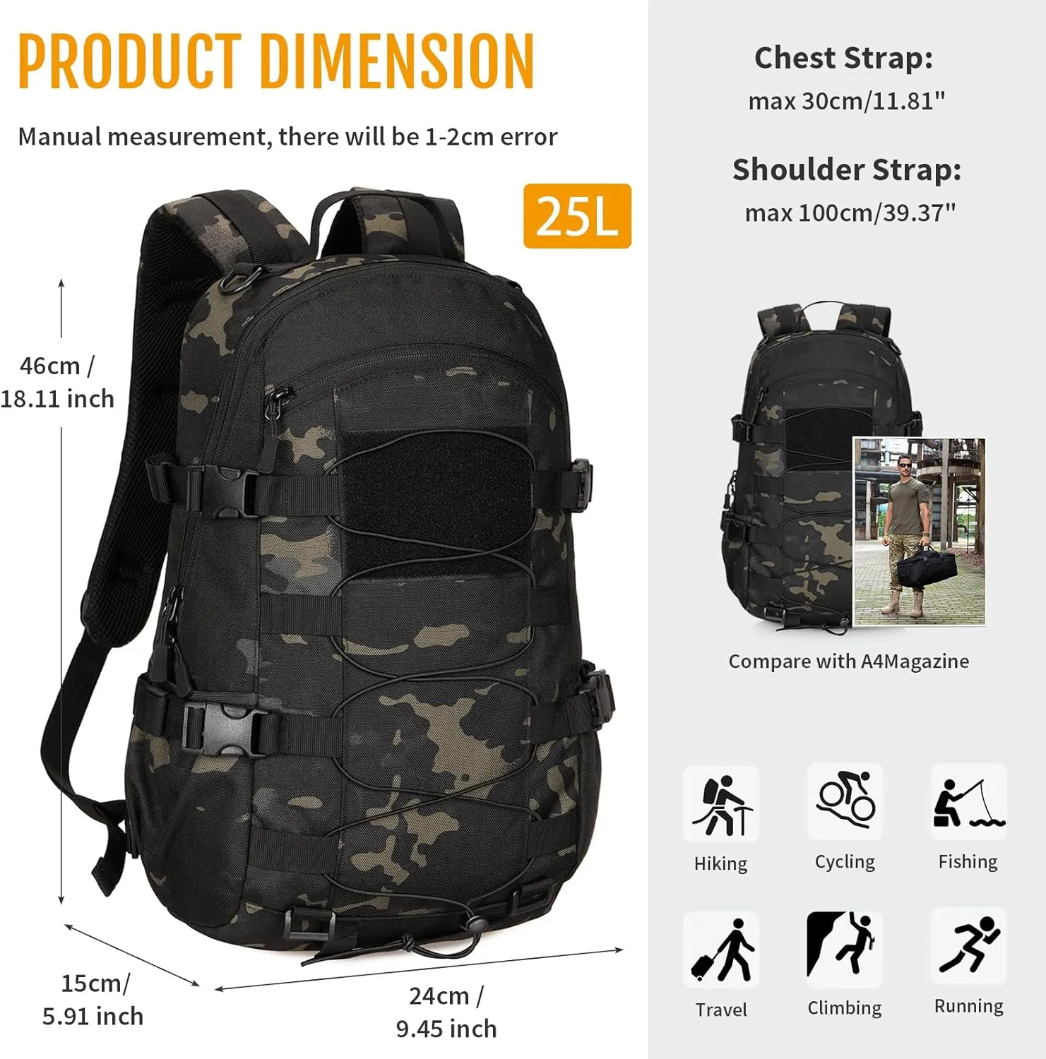 HUNTVP 25L Tactical Backpack Military Backpack MOLLE Bag Outdoor Hunting Rucksack Gear Assault Travel Daily Pack Bag(Camo)