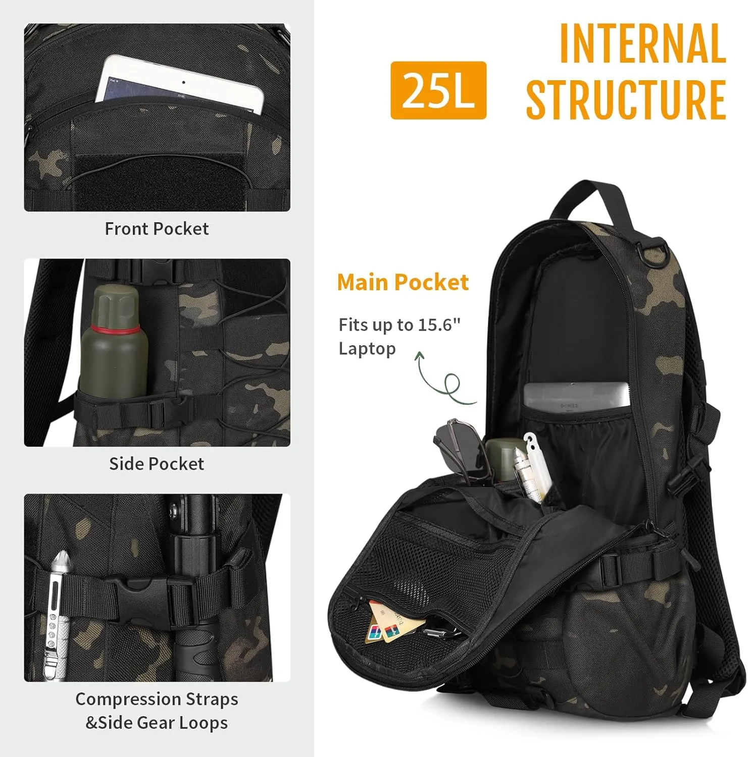 HUNTVP 25L Tactical Backpack Military Backpack MOLLE Bag Outdoor Hunting Rucksack Gear Assault Travel Daily Pack Bag(Camo)