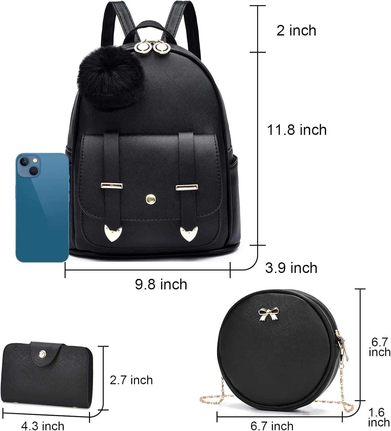 I IHAYNER Mini Backpack Purse for Teen Girls 3-PCS Fashion Backpack Cute Travel Daypacks Women Pompom Backpack Shoulder Bag