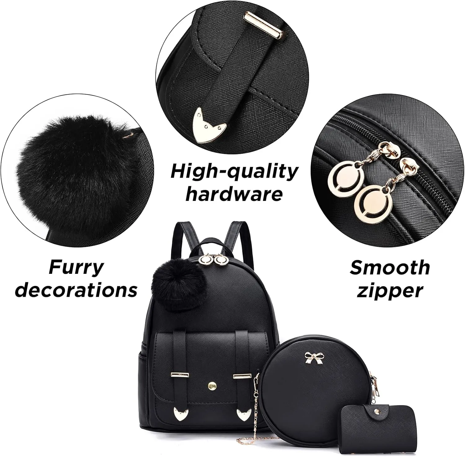 I IHAYNER Mini Backpack Purse for Teen Girls 3-PCS Fashion Backpack Cute Travel Daypacks Women Pompom Backpack Shoulder Bag