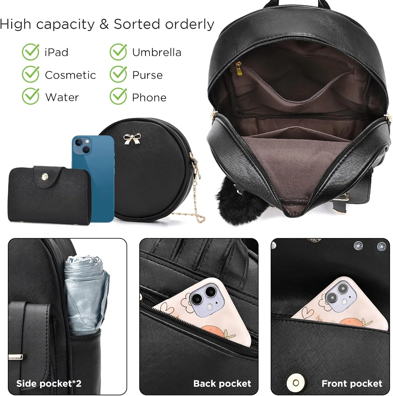 I IHAYNER Mini Backpack Purse for Teen Girls 3-PCS Fashion Backpack Cute Travel Daypacks Women Pompom Backpack Shoulder Bag