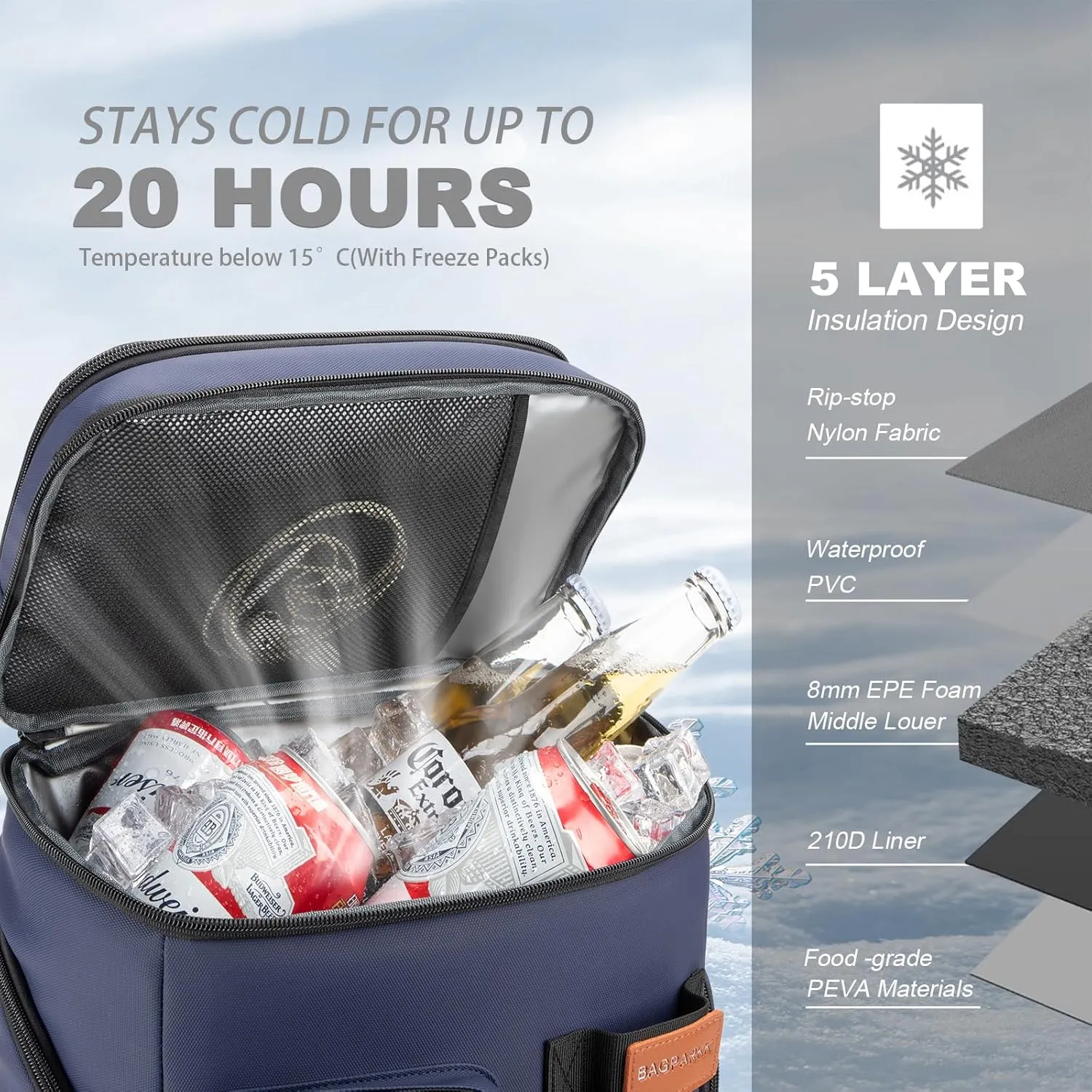 Insulated Cooler Backpack,33 Cans Multifunctional Double Deck Leakproof Cooler Bag with Sternum Strap,Large Capacity Lightweight Travel Camping Beach Backpack