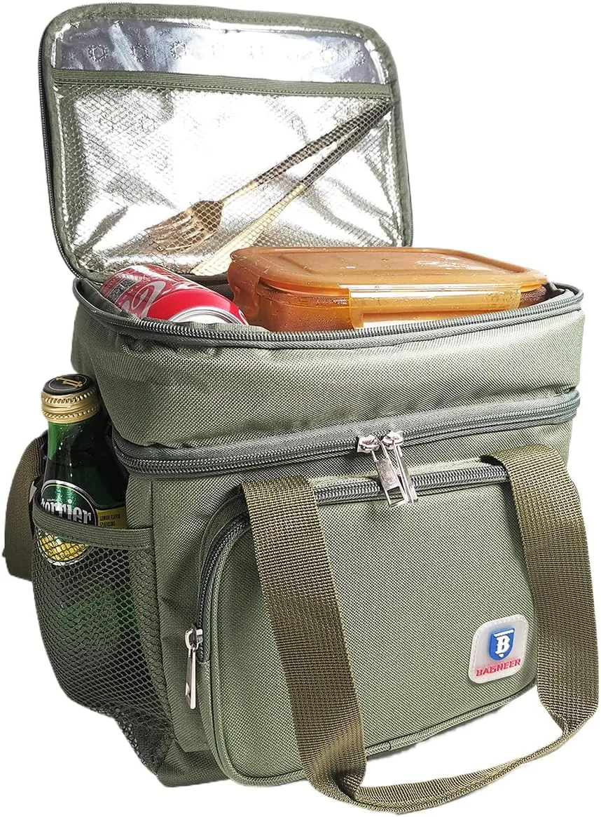 Insulated Lunch Bag Portable Double Deck Cooler Bag Durable Waterproof Office Outdoor Picnic Food & Drink Thermal Storage Box with Adjustable Shoulder Strap for Adult Men Women, 14L (Green)
