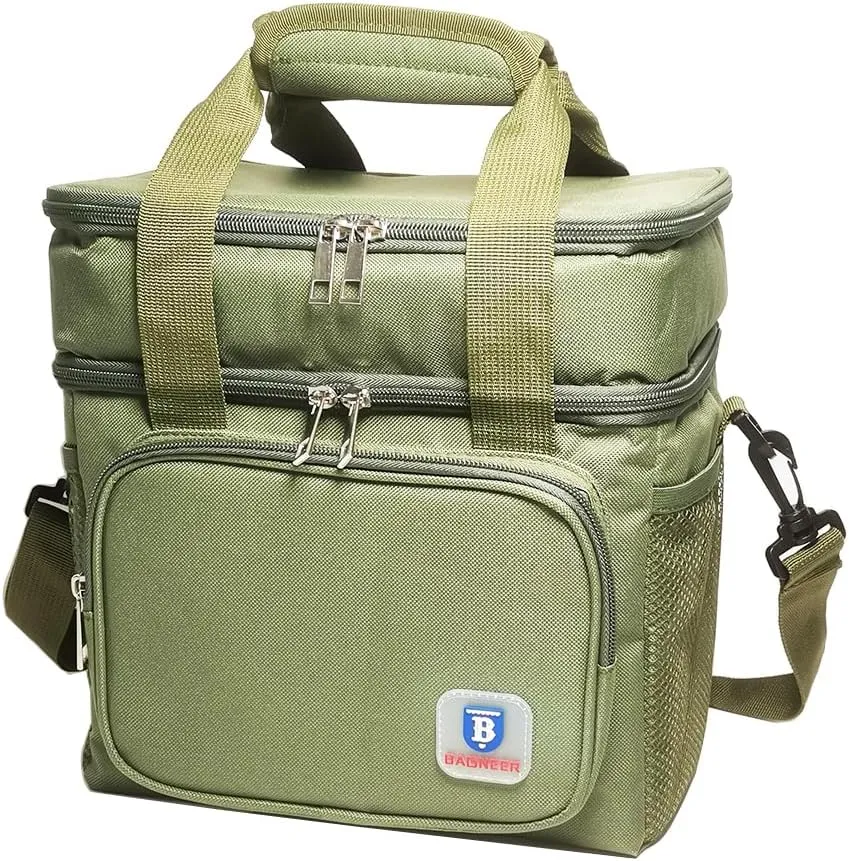 Insulated Lunch Bag Portable Double Deck Cooler Bag Durable Waterproof Office Outdoor Picnic Food & Drink Thermal Storage Box with Adjustable Shoulder Strap for Adult Men Women, 14L (Green)