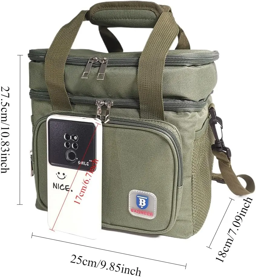 Insulated Lunch Bag Portable Double Deck Cooler Bag Durable Waterproof Office Outdoor Picnic Food & Drink Thermal Storage Box with Adjustable Shoulder Strap for Adult Men Women, 14L (Green)