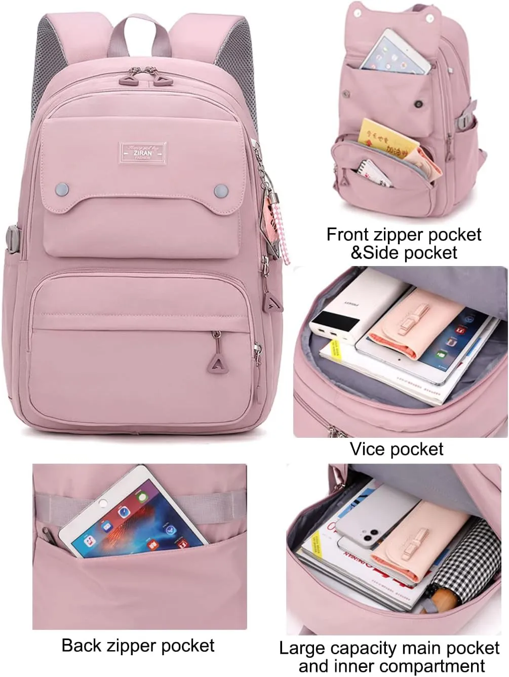 JiaYou Teen Girls Casual Backpack High Middle School Daypack Women Daily Travel Laptop Bag (1# Pink, 26 Liters)
