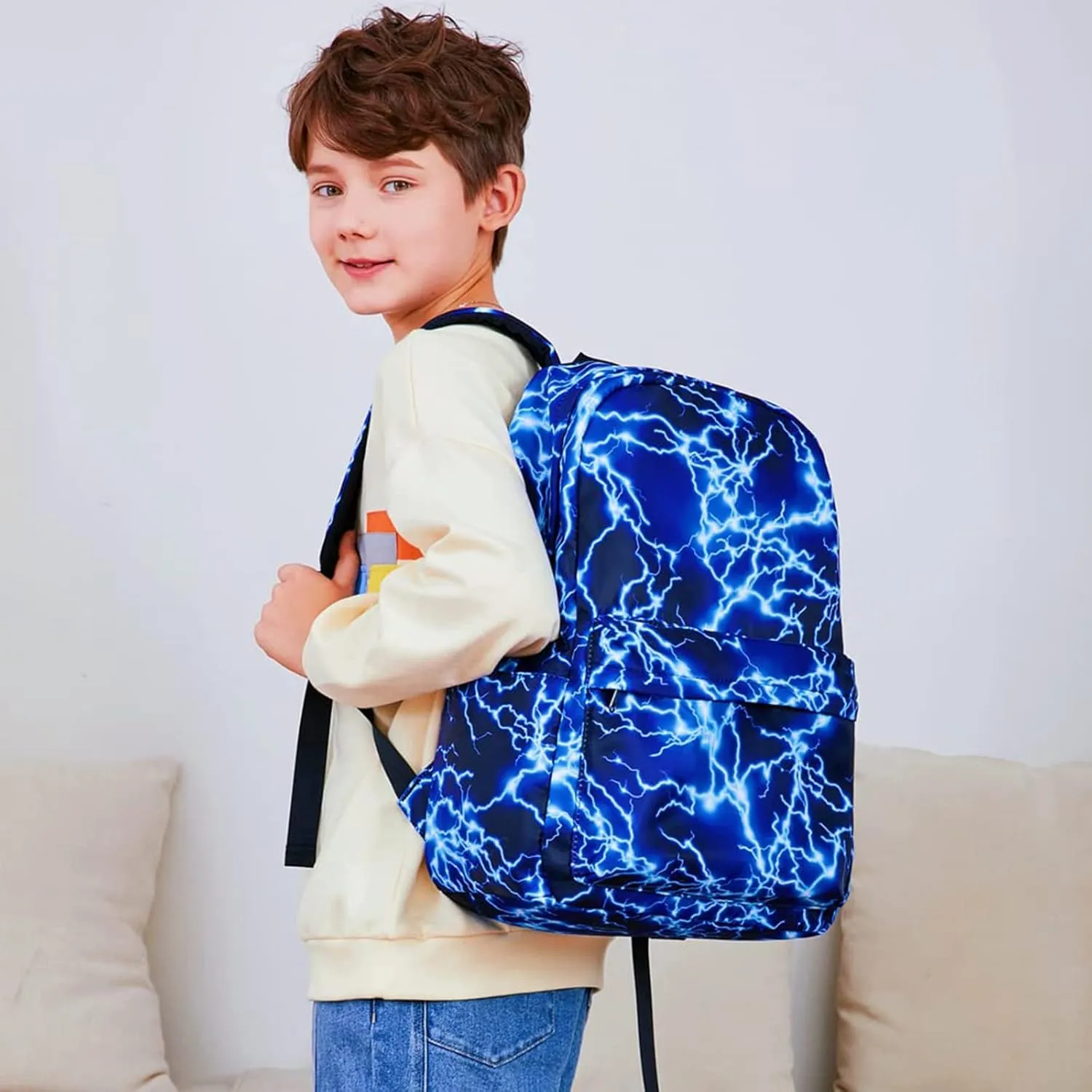 Joyfulife Starry Blue Kids Backpack for School Boys Girls Primary Backpack Lightning Bookbags Travel Laptop Backpack Daypacks