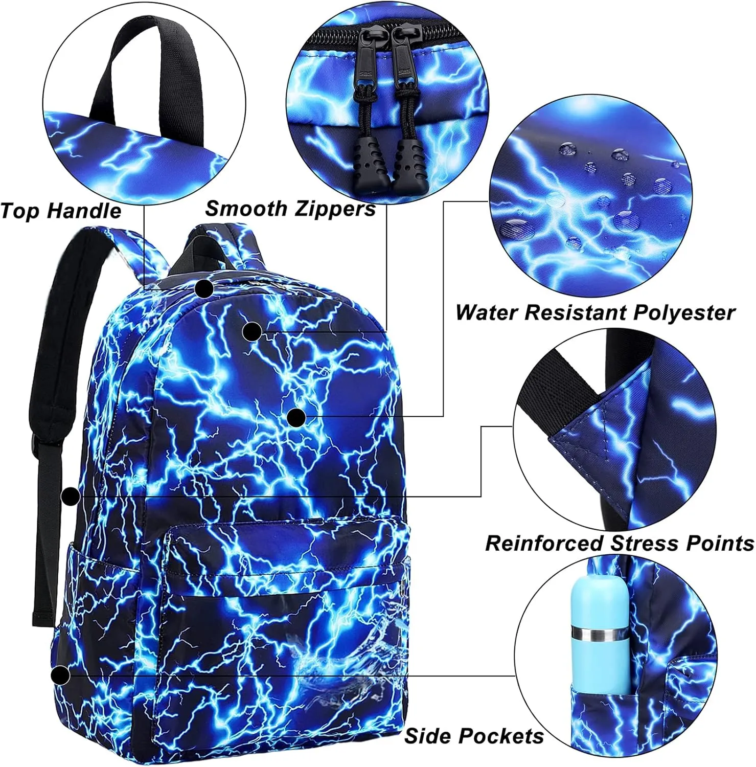 Joyfulife Starry Blue Kids Backpack for School Boys Girls Primary Backpack Lightning Bookbags Travel Laptop Backpack Daypacks