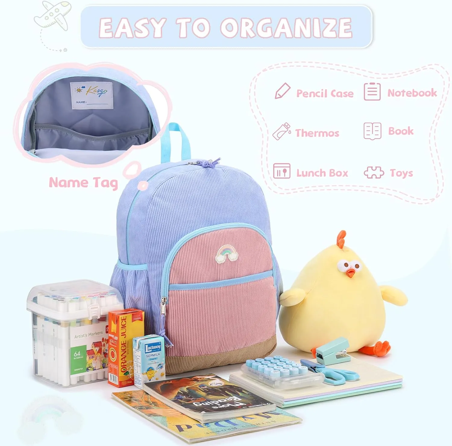 Kasqo Kids Backpack, Cute Toddler Backpack For Girls Kindergarten School Bag Primary Children's Bookbag Rucksack With Chest Buckle Blue Pink