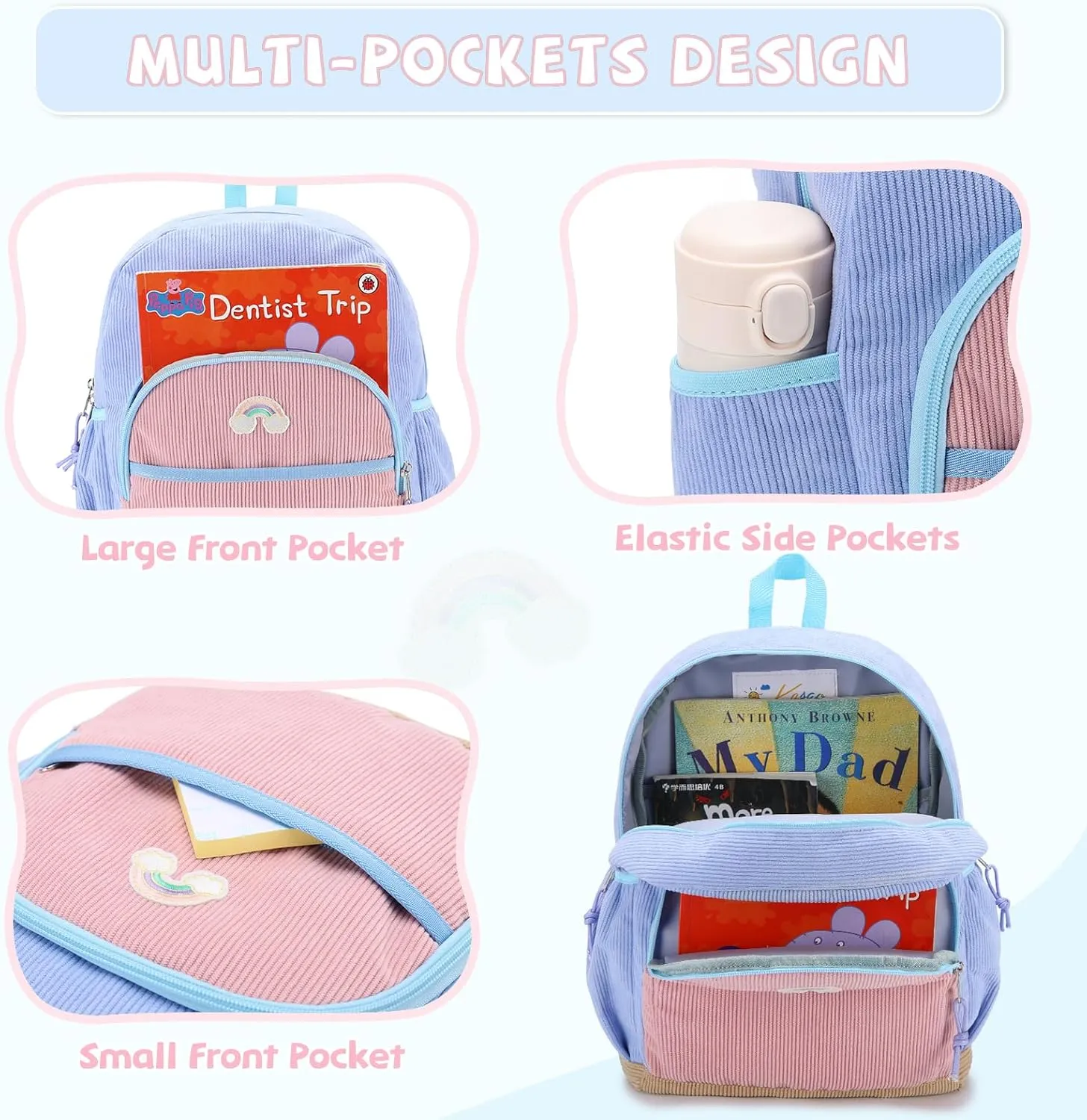 Kasqo Kids Backpack, Cute Toddler Backpack For Girls Kindergarten School Bag Primary Children's Bookbag Rucksack With Chest Buckle Blue Pink