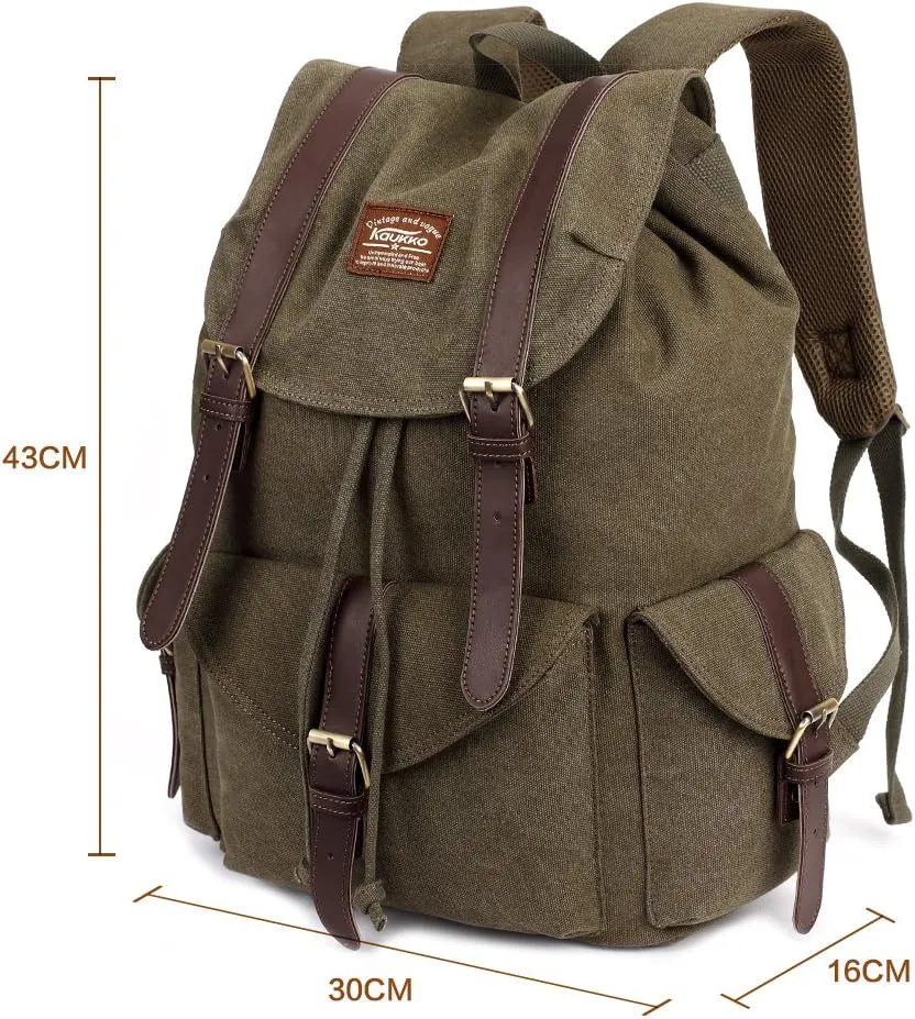 KAUKKO Vintage Canvas Backpack Outdoor Travel Hiking Rucksack bags(K1016-ARMY GREEN)