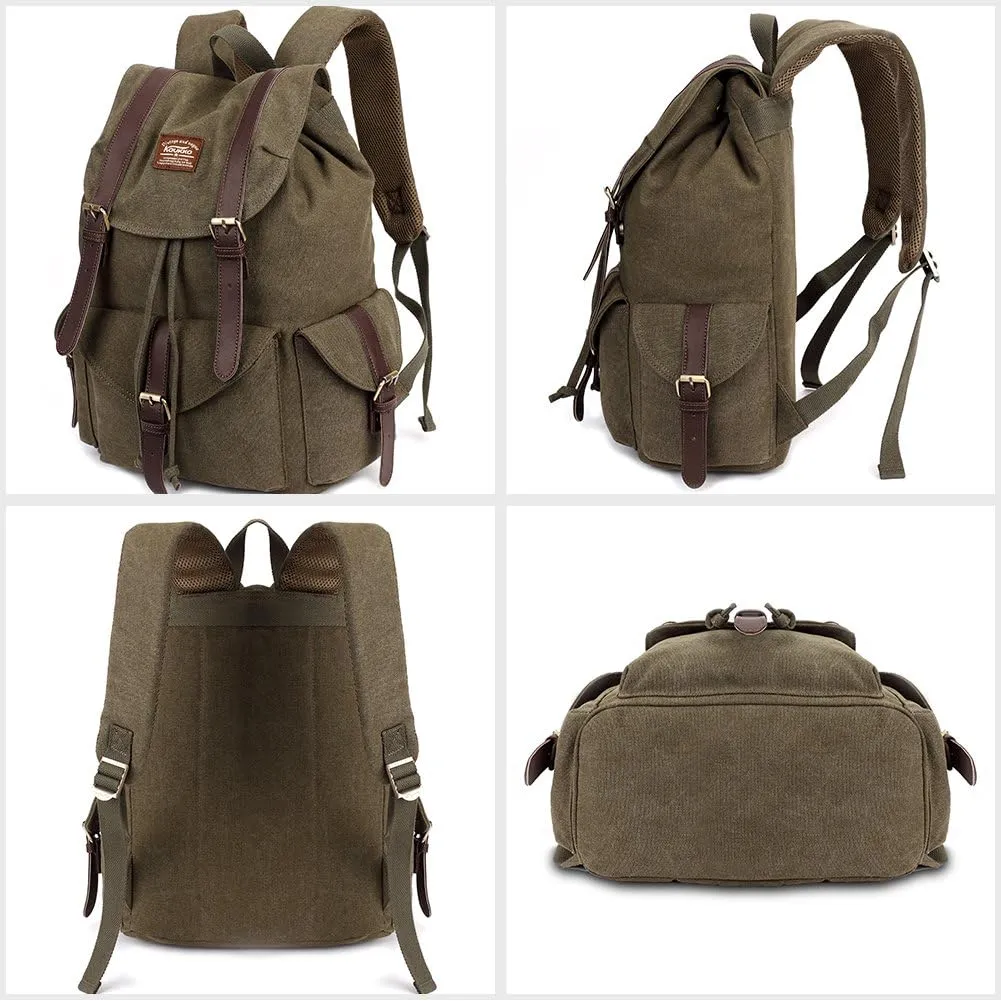 KAUKKO Vintage Canvas Backpack Outdoor Travel Hiking Rucksack bags(K1016-ARMY GREEN)