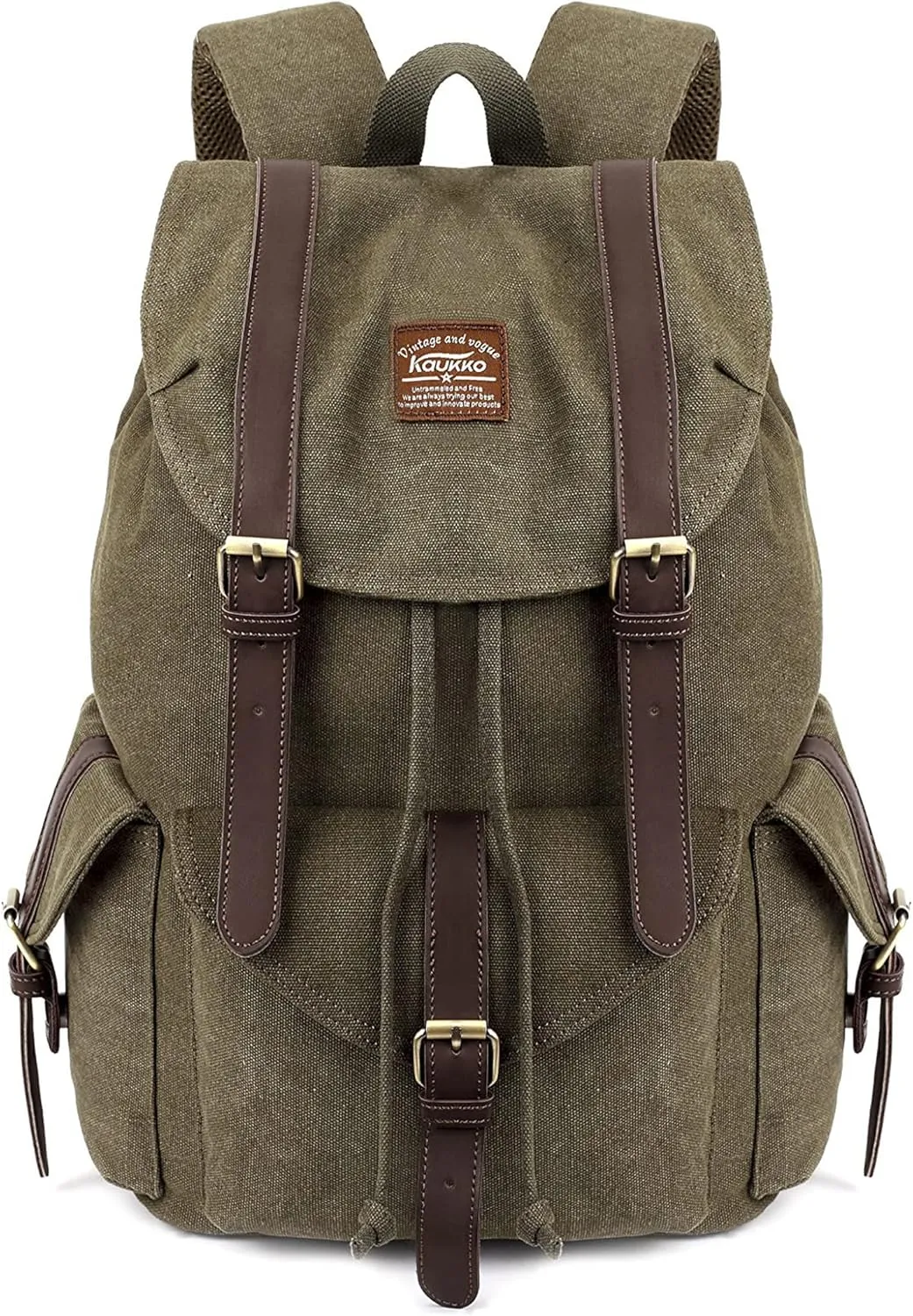 KAUKKO Vintage Canvas Backpack Outdoor Travel Hiking Rucksack bags(K1016-ARMY GREEN)
