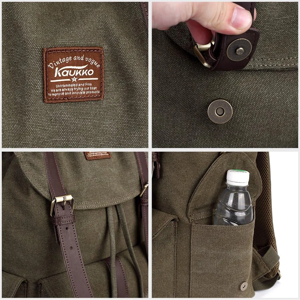 KAUKKO Vintage Canvas Backpack Outdoor Travel Hiking Rucksack bags(K1016-ARMY GREEN)