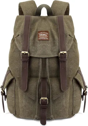 KAUKKO Vintage Canvas Backpack Outdoor Travel Hiking Rucksack bags(K1016-ARMY GREEN)