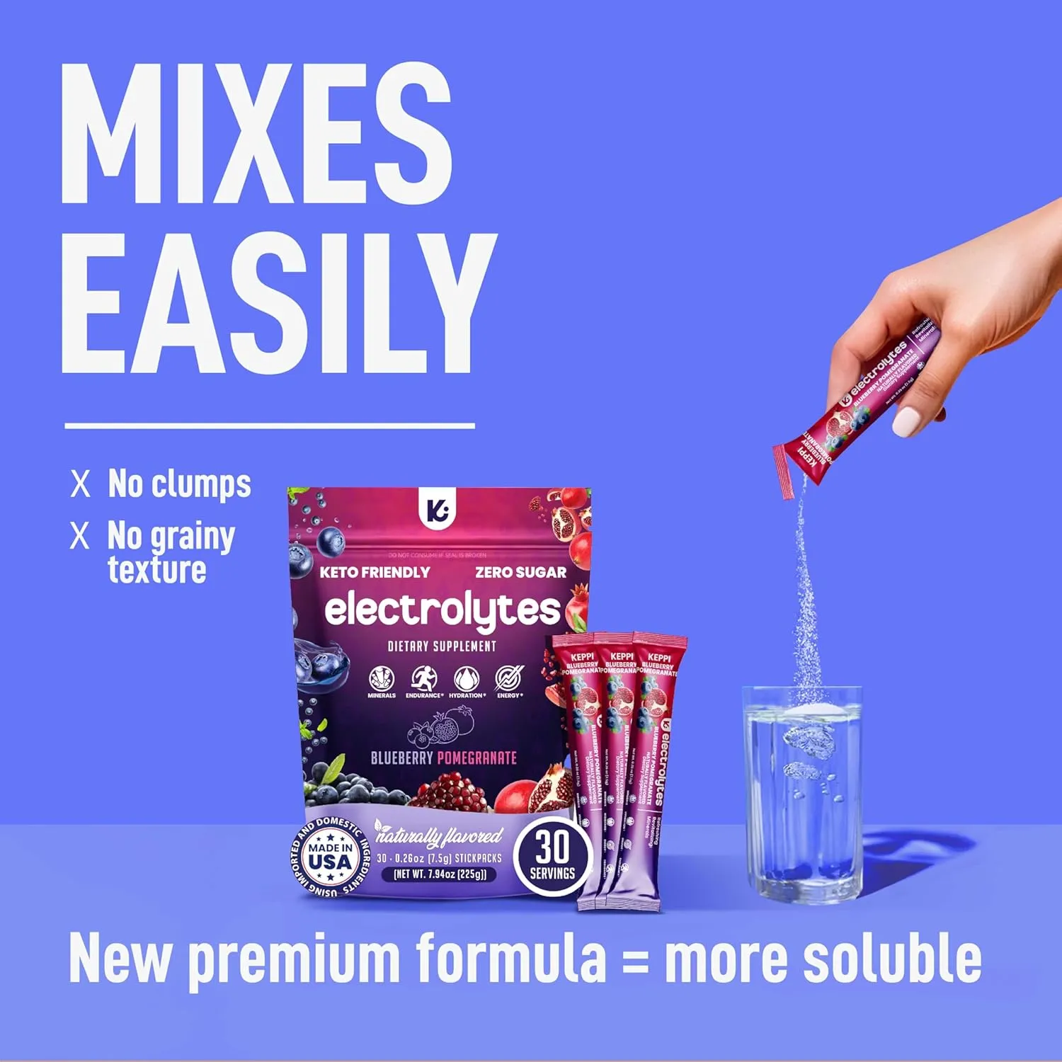 Keppi Blueberry Pomegranate Electrolytes Powder Packets – 30 Sugar Free Hydration Packets, Keto-Friendly Hydration Packet Perfect for Travel, Gym, and Everyday Refreshment