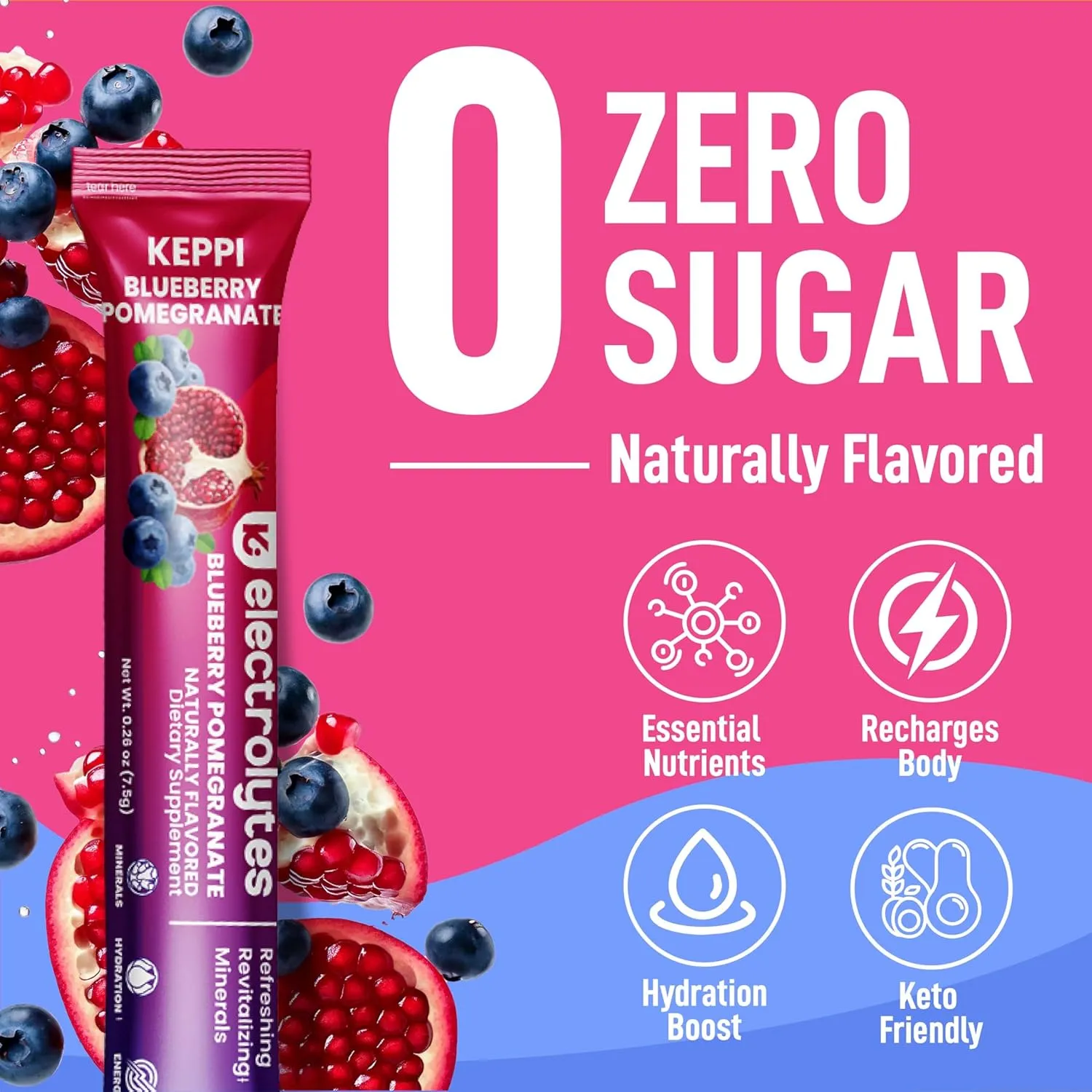 Keppi Blueberry Pomegranate Electrolytes Powder Packets – 30 Sugar Free Hydration Packets, Keto-Friendly Hydration Packet Perfect for Travel, Gym, and Everyday Refreshment