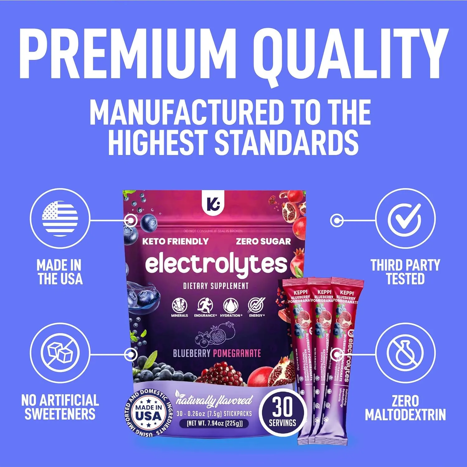 Keppi Blueberry Pomegranate Electrolytes Powder Packets – 30 Sugar Free Hydration Packets, Keto-Friendly Hydration Packet Perfect for Travel, Gym, and Everyday Refreshment