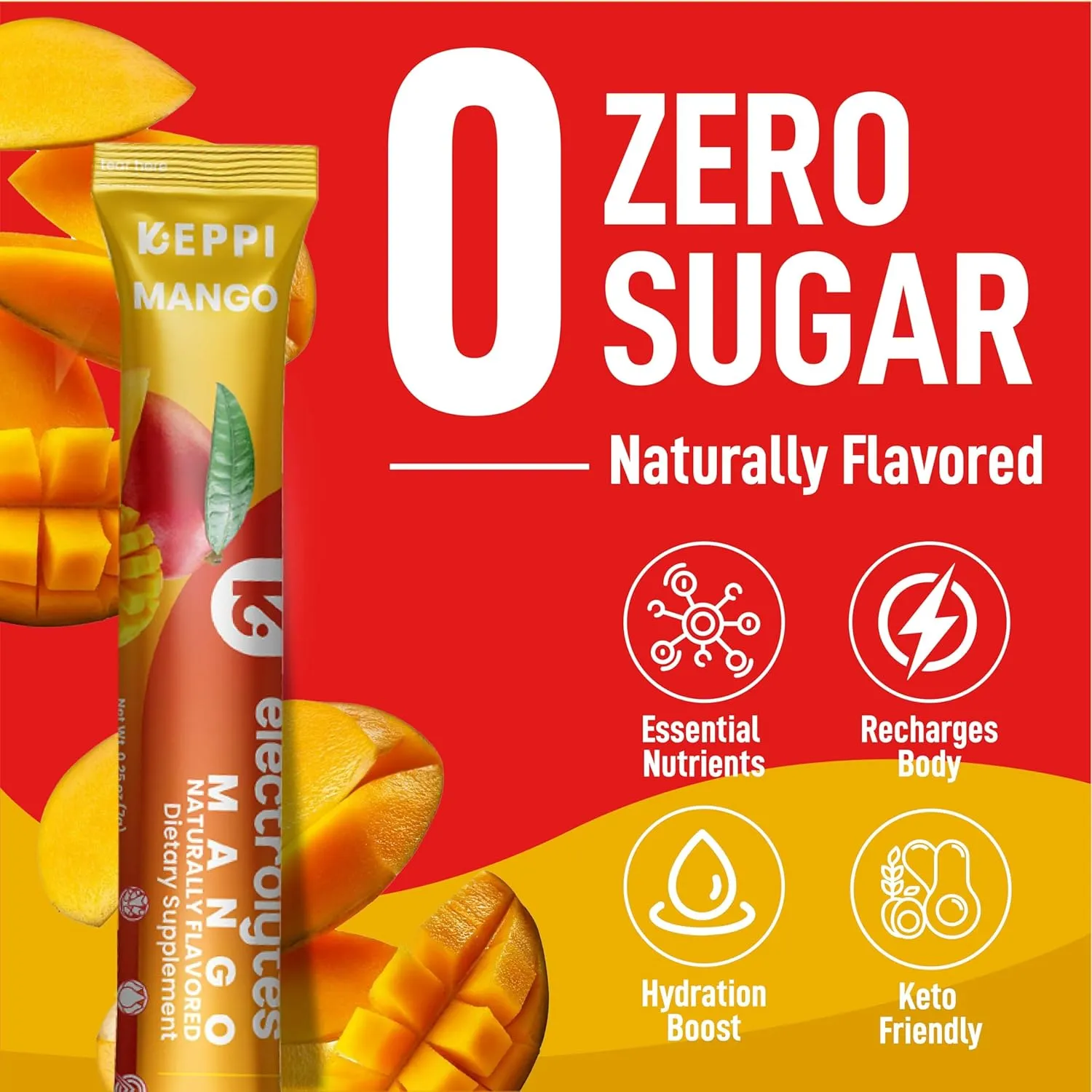 Keppi Mango Electrolytes Powder Packets – 30 Sugar Free Hydration Packets, Keto-Friendly Hydration Packets Perfect for Travel, Gym, and Everyday Refreshment