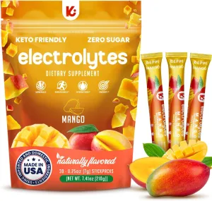 Keppi Mango Electrolytes Powder Packets – 30 Sugar Free Hydration Packets, Keto-Friendly Hydration Packets Perfect for Travel, Gym, and Everyday Refreshment