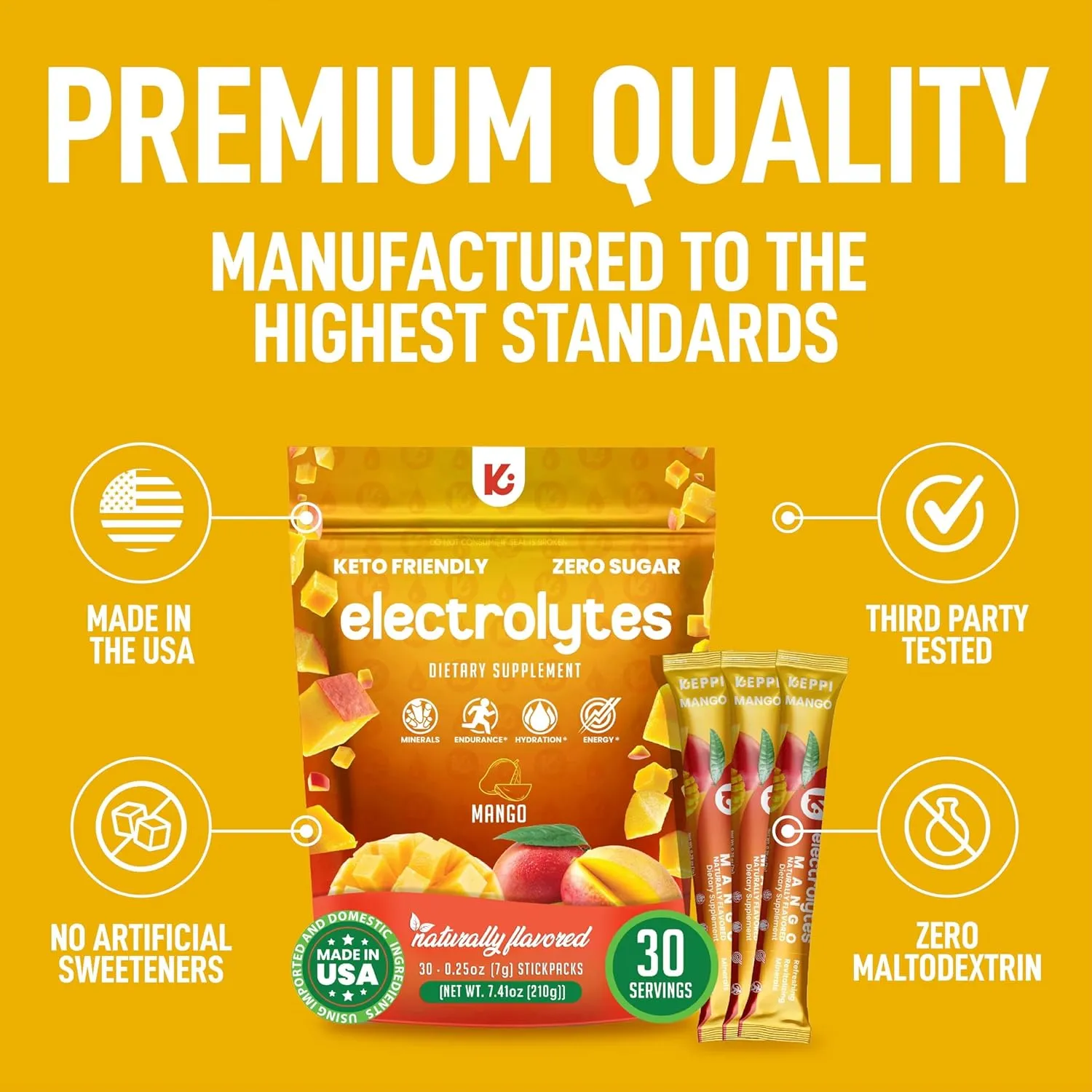 Keppi Mango Electrolytes Powder Packets – 30 Sugar Free Hydration Packets, Keto-Friendly Hydration Packets Perfect for Travel, Gym, and Everyday Refreshment