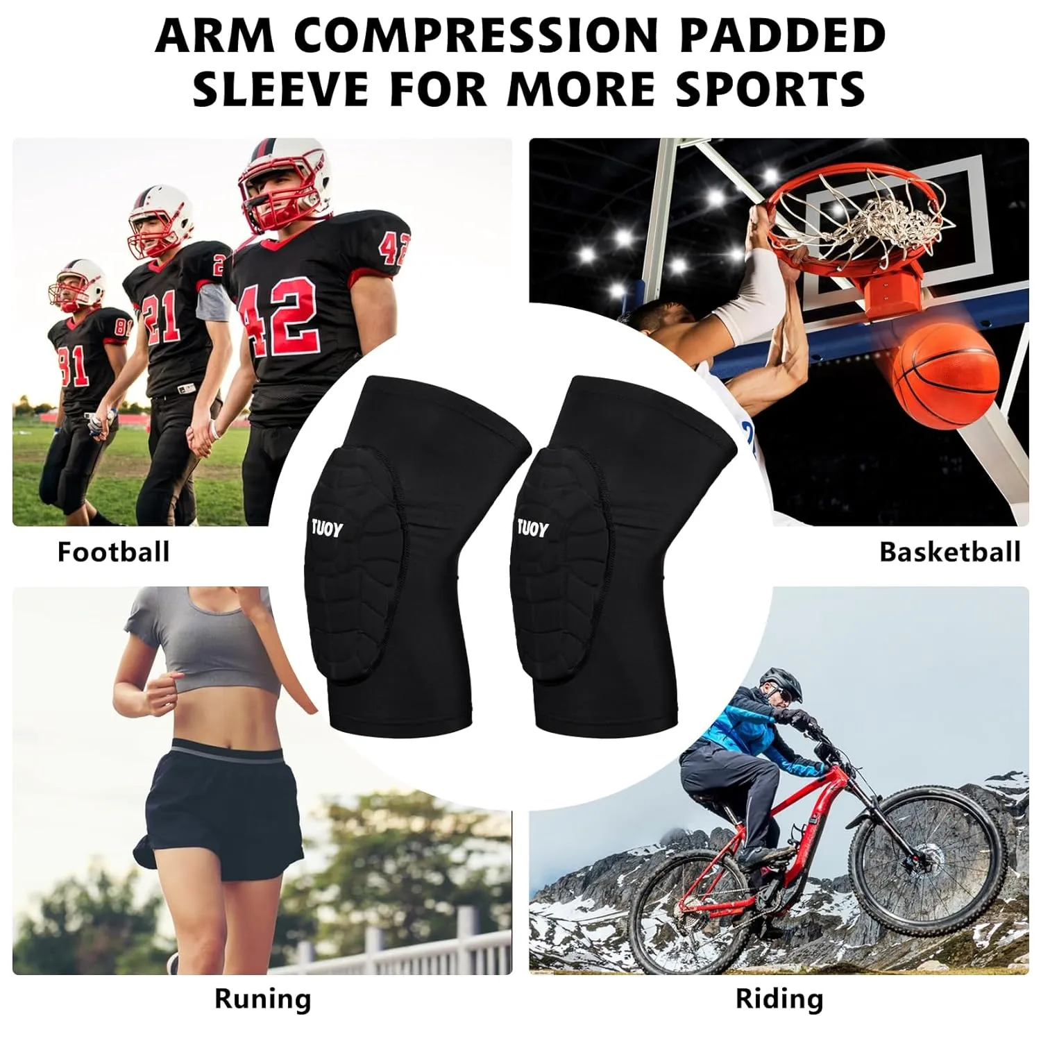 Knee Pads Football Compression Padded Leg Sleeve Knee Protection Pads For Basketball Baseball Volleyball Cycling Wrestling - Adult & Youth Size (Black 1 Pair)