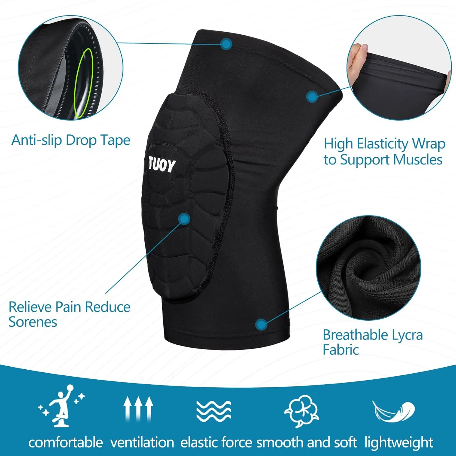 Knee Pads Football Compression Padded Leg Sleeve Knee Protection Pads For Basketball Baseball Volleyball Cycling Wrestling - Adult & Youth Size (Black 1 Pair)