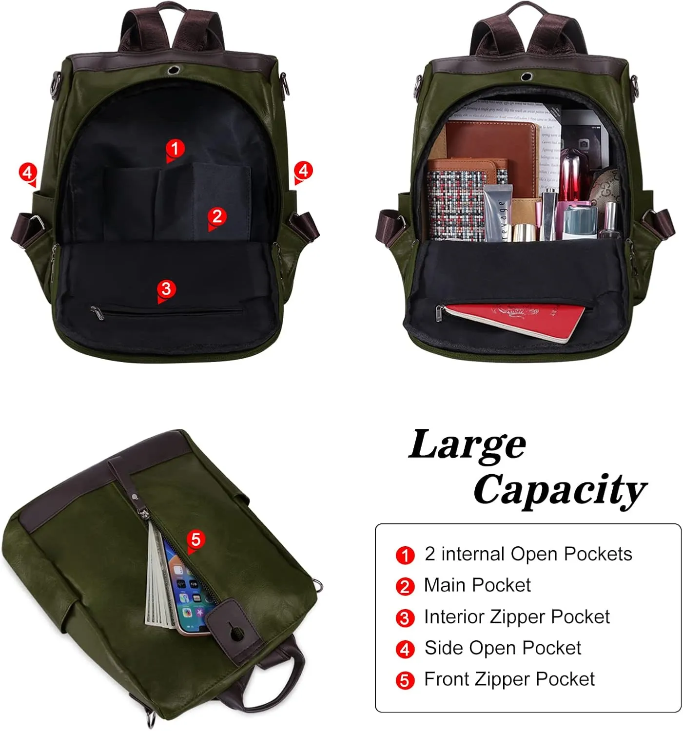 Ladies Anti-Theft Leather Backpack Women Vintage Shoulder Bag Travel Rucksack Womens Casual Daypacks Working Bags Multi Pocket Soft Leather Lightweight 20L