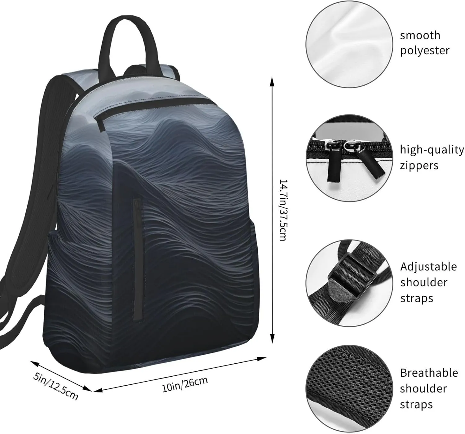 Laptop Backpack Lightweight Backpack for Men Women Daypack Deep black waves Laptop Bag Casual Backpack for Travel