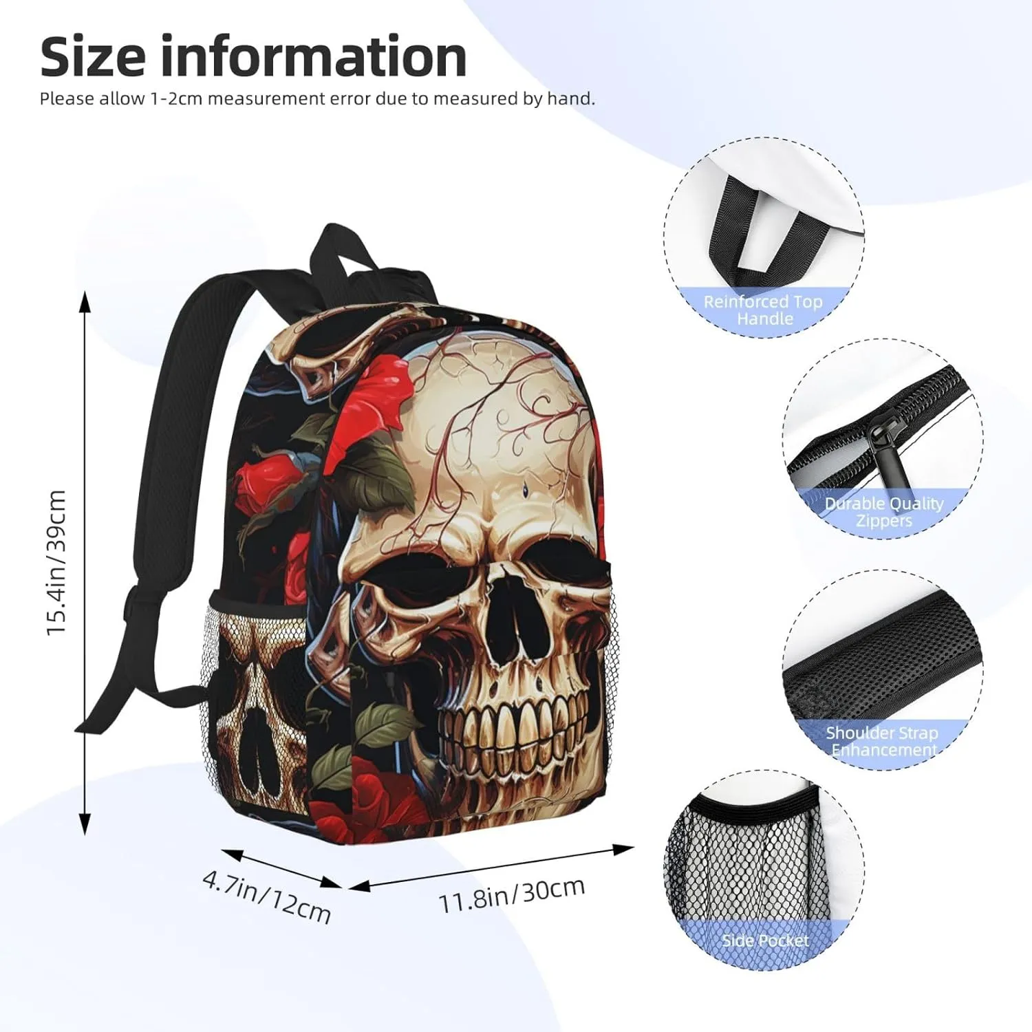 Laptop Backpack Lightweight Backpack for Men Women Daypack Skull Rose-Red Laptop Bag Casual Backpack for Travel