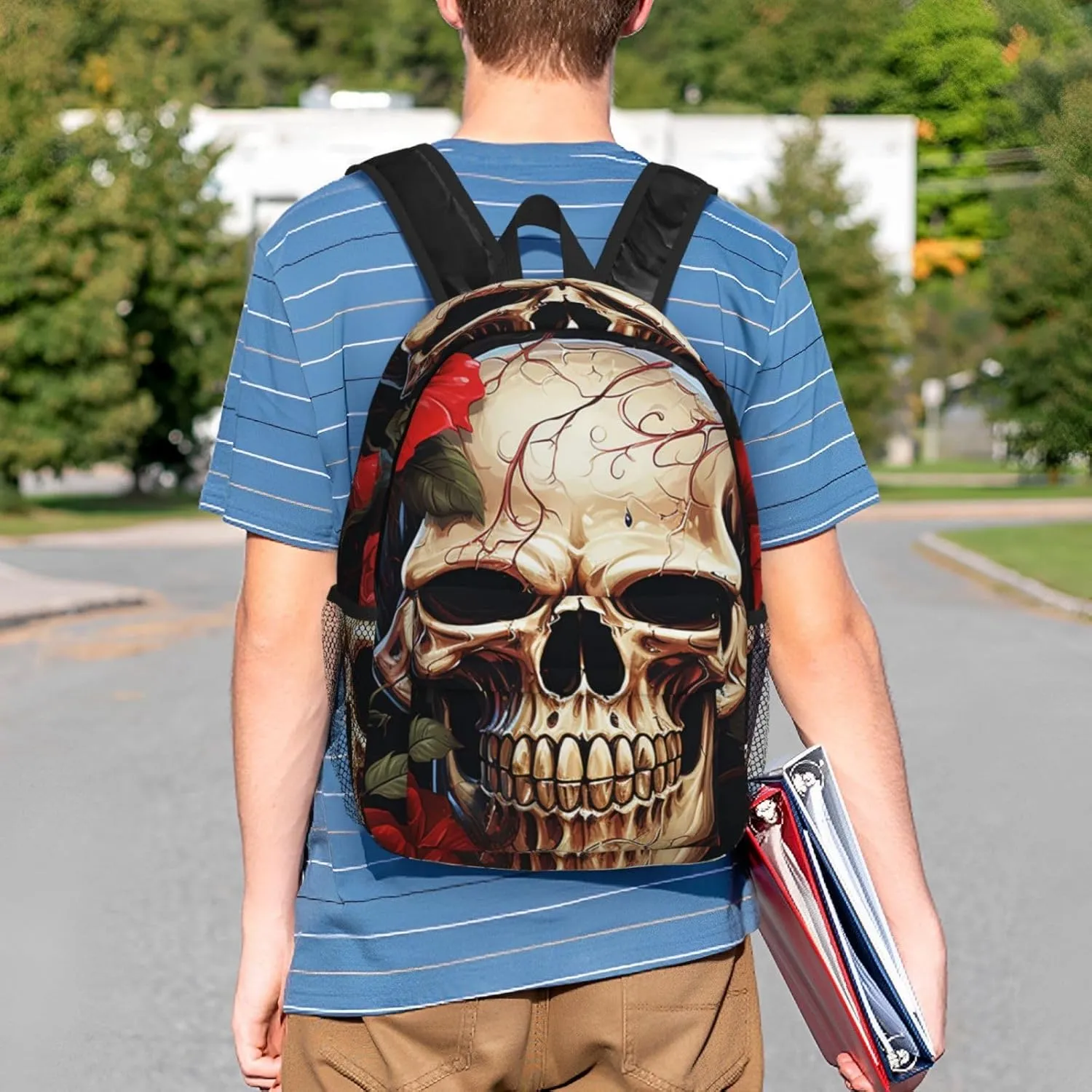 Laptop Backpack Lightweight Backpack for Men Women Daypack Skull Rose-Red Laptop Bag Casual Backpack for Travel