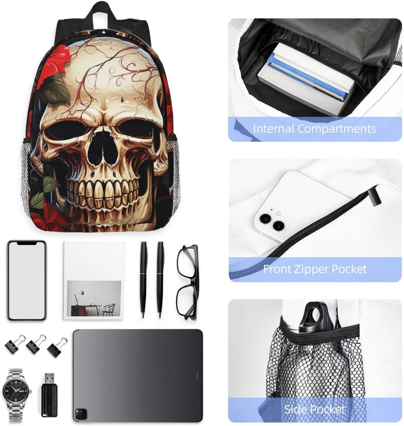 Laptop Backpack Lightweight Backpack for Men Women Daypack Skull Rose-Red Laptop Bag Casual Backpack for Travel