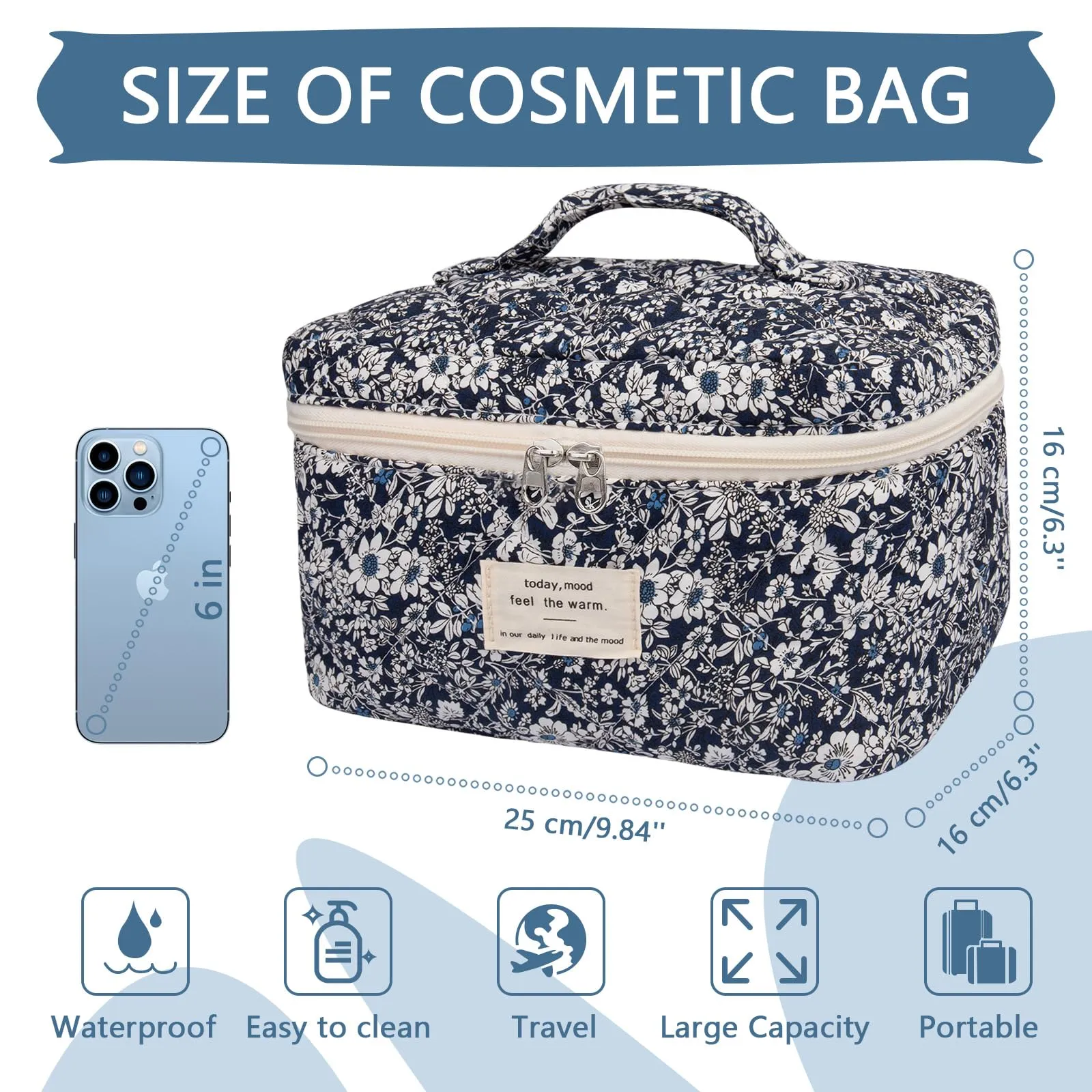 Large Makeup Bag, Cute Cosmetic Bag for Women Girls, Floral Coquette Aesthetic Toiletry Bag, Travel Make Up Organizer Bag (Black Rose Flower)