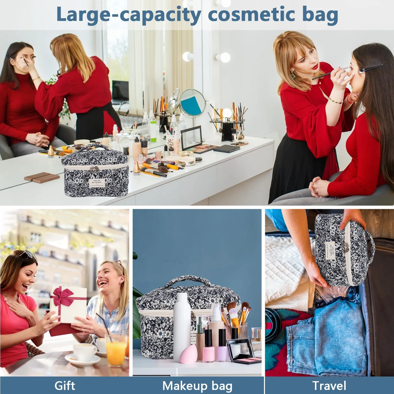 Large Makeup Bag, Cute Cosmetic Bag for Women Girls, Floral Coquette Aesthetic Toiletry Bag, Travel Make Up Organizer Bag (Black Rose Flower)