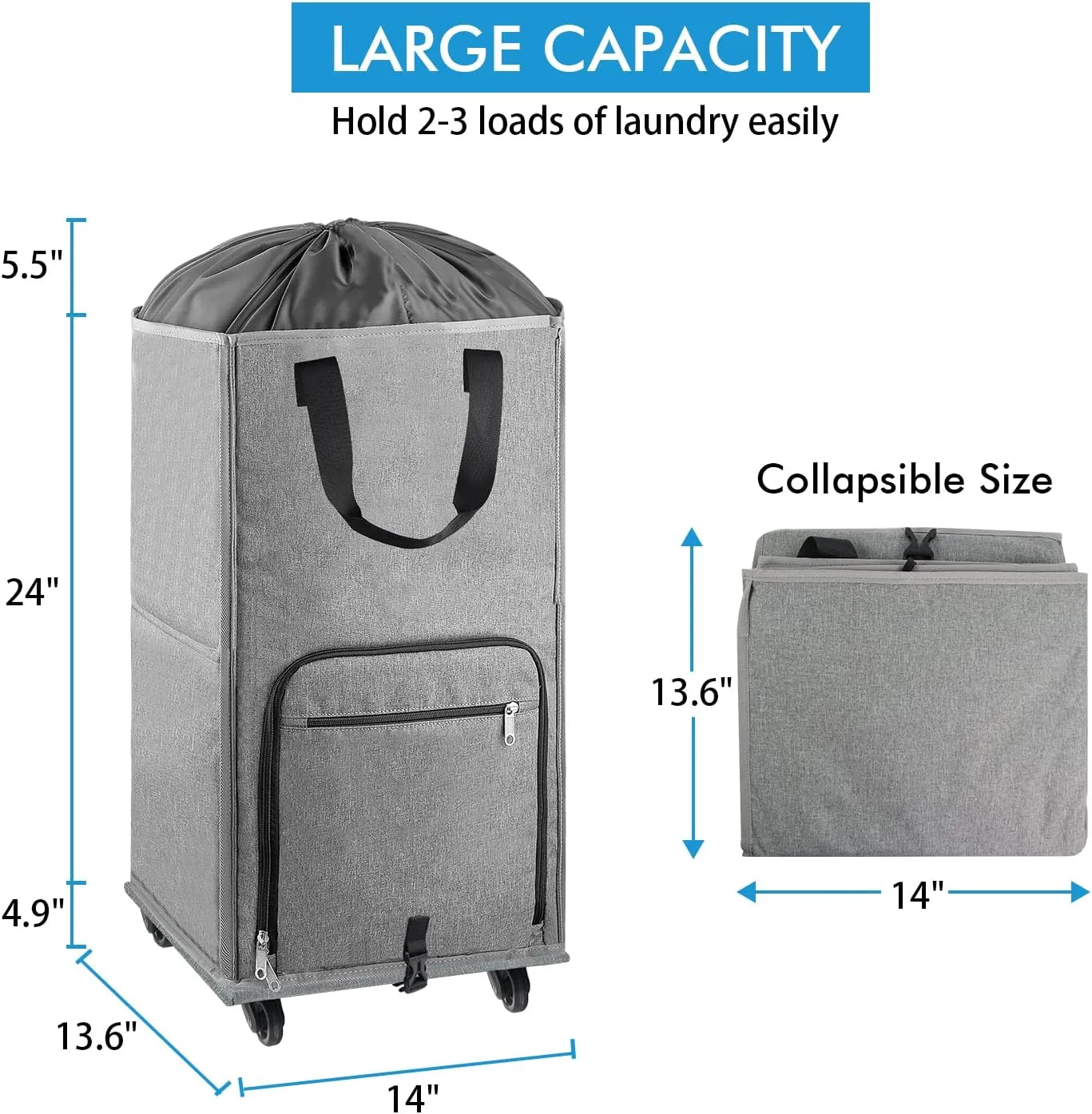 Laundry Hamper with Wheels, Bukere Large Rolling Laundry Basket with 4 Casters and 2 Handles, Collapsible Freestanding Wheeled Laundry Bag for Clothes, Laundry Room, Bathroom Grey
