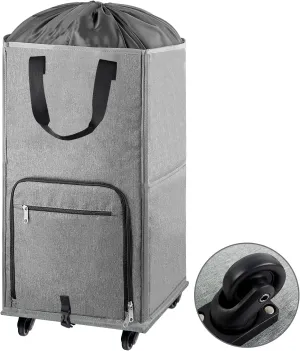 Laundry Hamper with Wheels, Bukere Large Rolling Laundry Basket with 4 Casters and 2 Handles, Collapsible Freestanding Wheeled Laundry Bag for Clothes, Laundry Room, Bathroom Grey