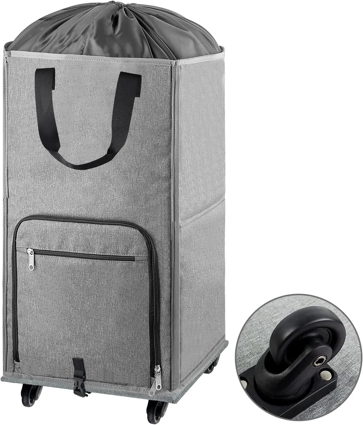 Laundry Hamper with Wheels, Bukere Large Rolling Laundry Basket with 4 Casters and 2 Handles, Collapsible Freestanding Wheeled Laundry Bag for Clothes, Laundry Room, Bathroom Grey