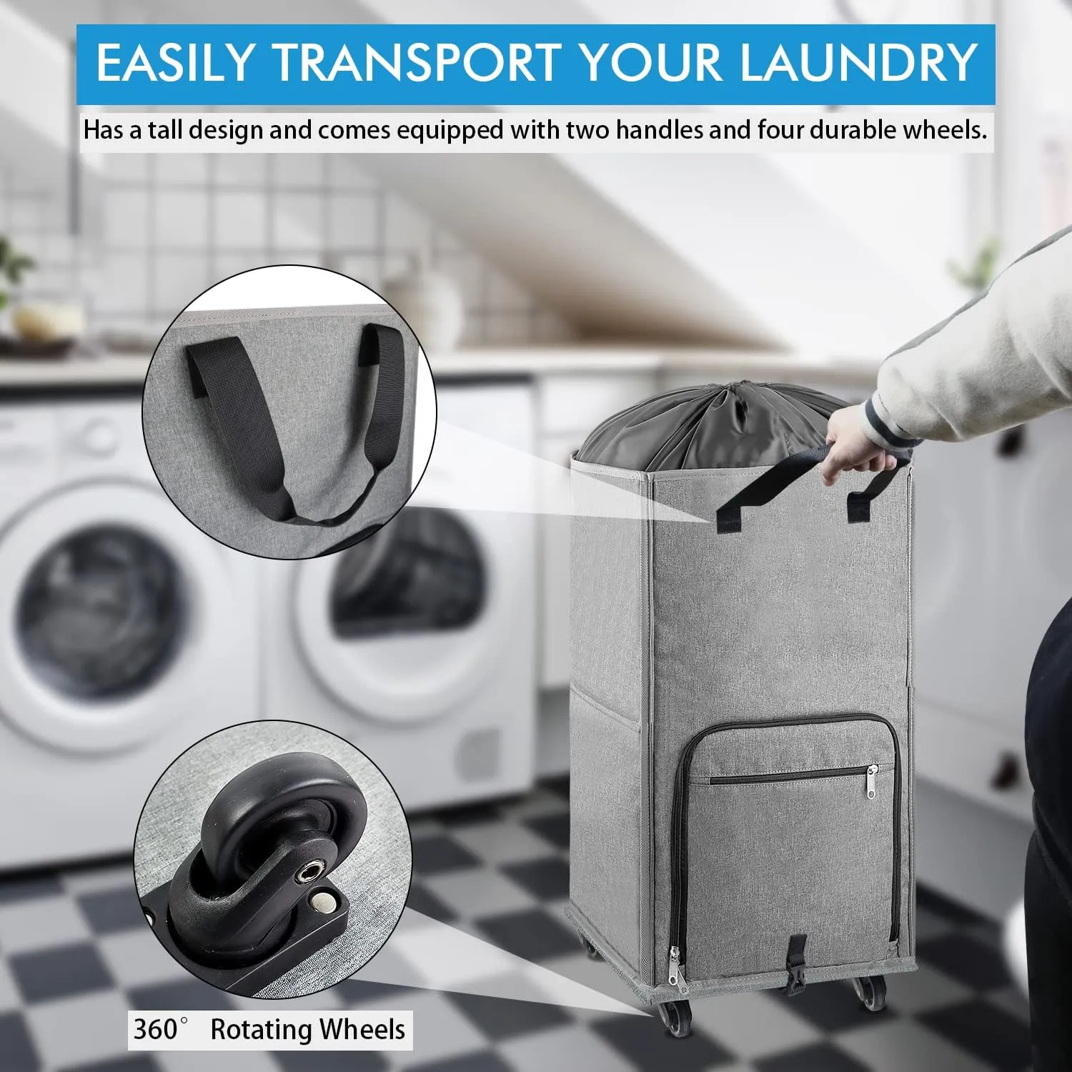 Laundry Hamper with Wheels, Bukere Large Rolling Laundry Basket with 4 Casters and 2 Handles, Collapsible Freestanding Wheeled Laundry Bag for Clothes, Laundry Room, Bathroom Grey