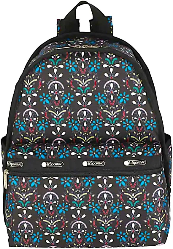 LeSportsac Cloistered Jewels Basic Backpack/Rucksack, Style 7812/Color E469, Mosaic Art Tiles Designed in Colorful Crest & Flower Motifs, Vibrant Jewel Tones: Ruby, Azure, Emerald