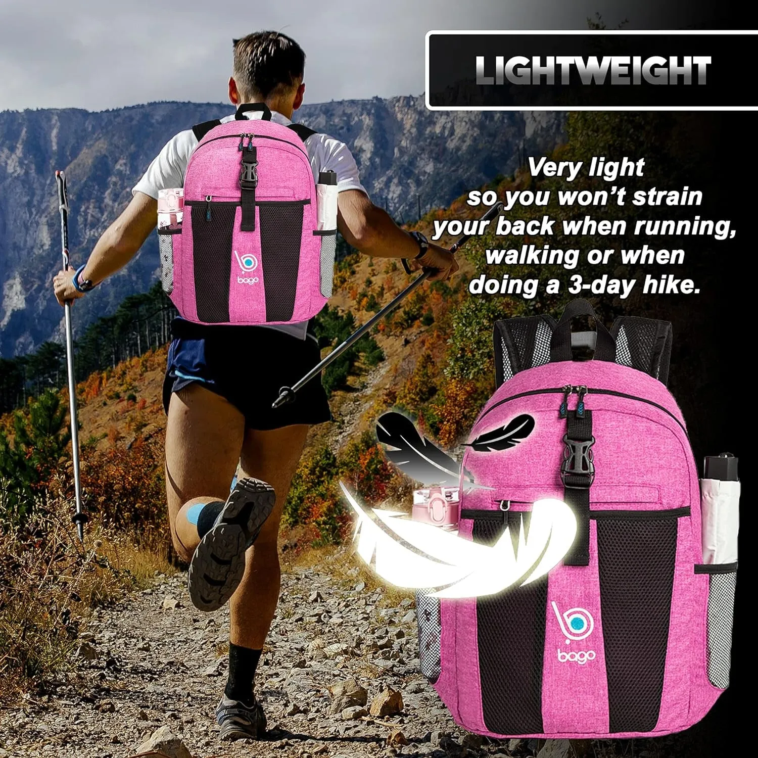 Lightweight Backpack for Hiking for Women and Men - 25L Travel Day Pack - Foldable Hiking Daypack Ultralight for Camping Outdoor Sports - Packable Backpack for Travel (Snowpink)