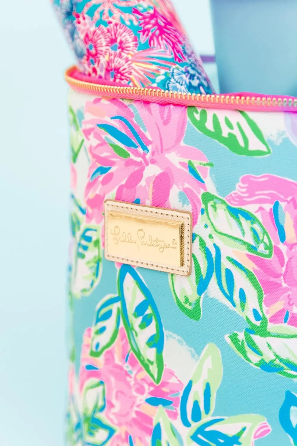 Lilly Pulitzer Pink/Blue/Green Insulated Soft Beach Cooler with Adjustable/Removable Strap and Double Zipper Close, Totally Blossom
