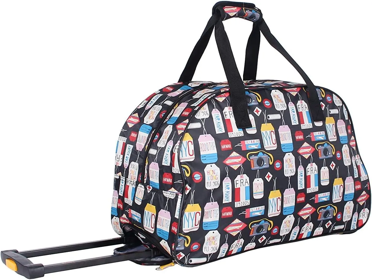 LUCAS Designer Carry On Luggage Collection - Lightweight Pattern 22 Inch Duffel Bag- Weekender Overnight Business Travel Suitcase with 2- Rolling Wheels (SEA FORM) (BLACK)